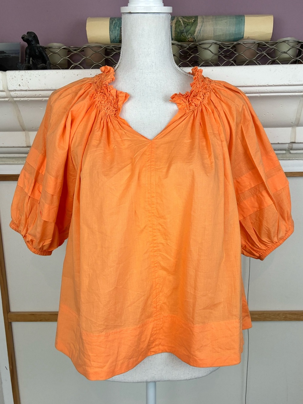 La Roque Cotton Smocked V Neck blouse w/ full sleeves